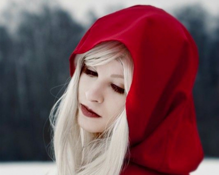 Girl in Red Hood - woman, blond, hood, red