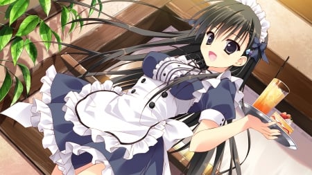 Here's Ur Order - pretty, anime, kawaii, female, food, dress, long hair, hd, nice, apron, anime girl, girl, lovely, maid, sweet, waitress, drink, cg, juice, black hair, cute, adorable