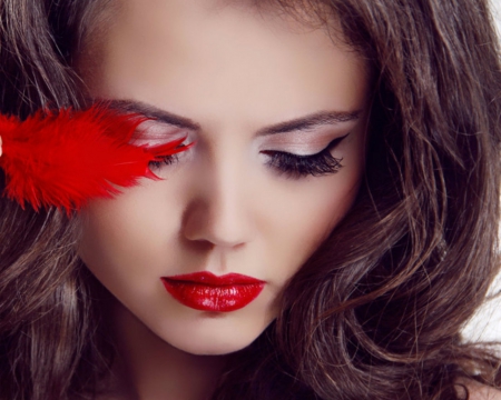 Pretty Face - woman, face, feather, lips