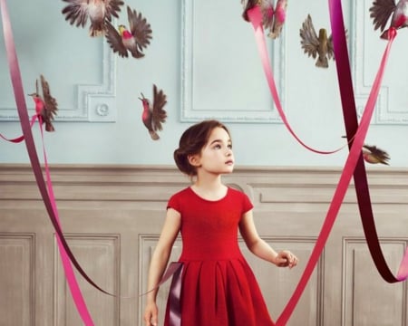 Little Girl - ribbon, girl, bird, red