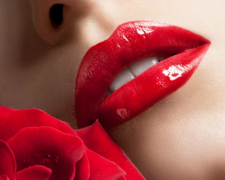 Red Lips and Rose - lips, rose, flower, red