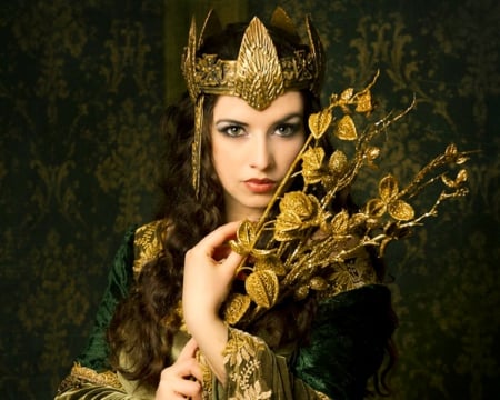 Queen - gold, flower, woman, crown