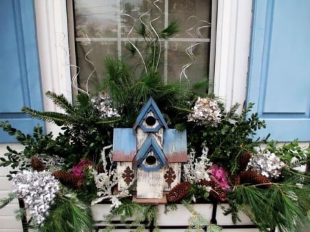 Christmas home for the birds - house, christmas, bird, tree branch, outdoor decoration, window, ornaments