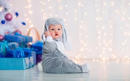 Merry Christmas! - white, child, lights, cute, baby, gift, blue, christmas