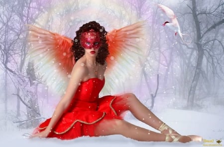 ~Winter Red Angel~ - photomanipulation, girls, models, mask, hair, fantasy, creative pre-made, pretty, digital art, angels, xmas and new year, winter, beautiful girls, lovely, love four seasons, weird things people wear, beautiful, red, snow