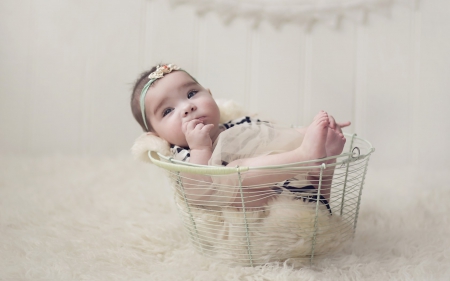 Baby girl - basket, fur, white, girl, cute, little, baby, sweet