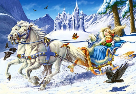 The Queen of the Mountain - horses, child, winter, artwork, castle, coach, birds, snow