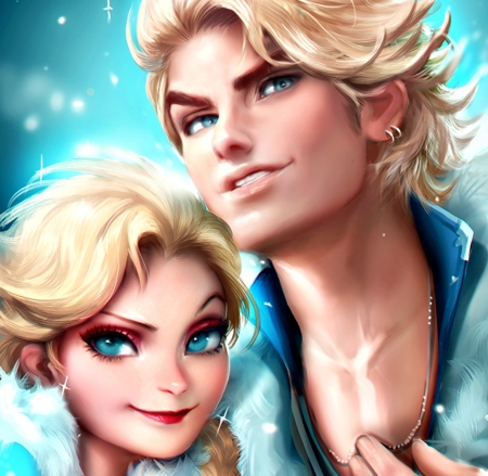 Elsas by sakimichan - love, couple, girl, movie, snow queen, jack frost, elsas, fantasy, white, art, man, blue, elsa, disney, frozen, sakimichan