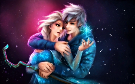 Jelsa - movie, snow queen, fantasy, jelsa, art, man, frozen, love, snowflake, couple, girl, jack frost, pink, blue, elsa, disney, shobey1kanoby