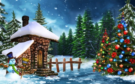 Merry Christmas - snowman, decoration, artwork, snow, christmas trees, forest, stars, hut