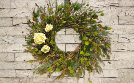 Christmas wreath on a stone wall - stone, roses, christmas wreath, wall, flowers, wreaths, decor, outdoor