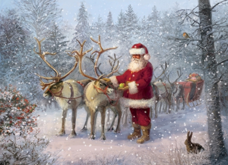 Santa And Team - christmas, santa, winter, forest, reindeer