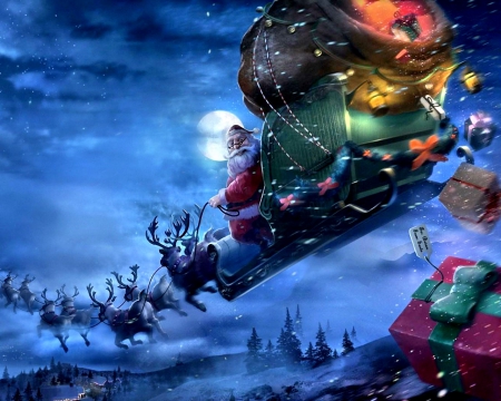 SANTA CLAUS with his CHRISTMAS GIFTS - moon, sky, riding, winter, night, fantasy, christmas, santa, flying, abstract, sleigh, splendor, gifts