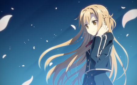 Yuuki Asuna - asuna, yuuki asuna, wallpaper, wind, brown hair, anime, anime girl, braid, school uniform, long hair, skirt, brown eyes