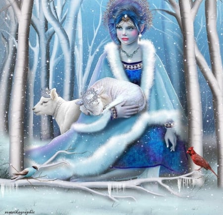 Ice Queen - photomanipulation, girls, fantasy, creative pre-made, queen, cool, digital art, birds, xmas and new year, ice, lady, winter, christmas, love four seasons, holidays, snow, blue, colors, sheeps