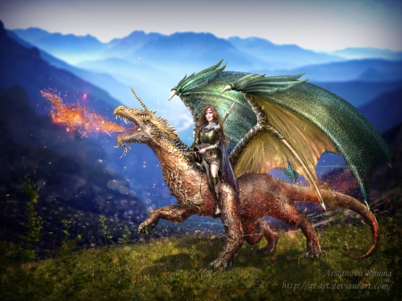 Dragon, rider - rider, dragon, fantasy, art