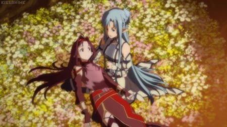 FareWell - pretty, anime, female, dress, konno yuuki, flower fileds, long hair, emotional, yuuki, zekken, blue hair, sword art online, sao, nice, purple hair, anime girl, asuna, laying, beautiful, girl, konno, yuuki asuna, beauty, lovely, sweet, flower, yuuki konno, knight, elf, asuna yuuki, lay