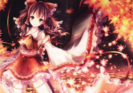 Hakurei Reimu - gown, cute, beautiful, hakurei reimu, leaves, anime girl, adorable, girl, shrine maiden, ribbon, hakurei, touhou, pretty, kawaii, beauty, sweet, brown hair, anime, hd, reimu hakurei, dress, cg, long hair, reimu, nice, lovely, female