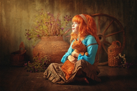 Friends - red hair, girl, friends, cat