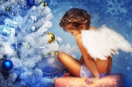 Christmas Angel ♥ - wishes, christmas, white tree, angel, blue background