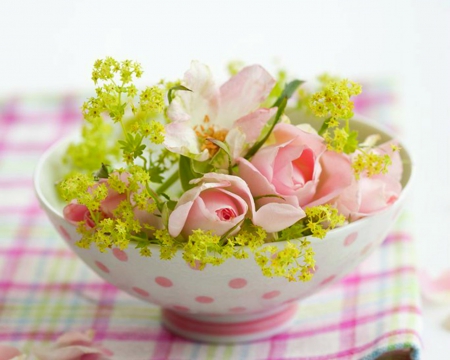 Bowl of Pink Roses - flowers, table, rose, bowl