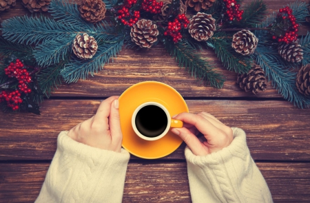 Merry Christmas Coffee ♥ - Christmas garland, moss, Merry Christmas Coffee, table, pine cones