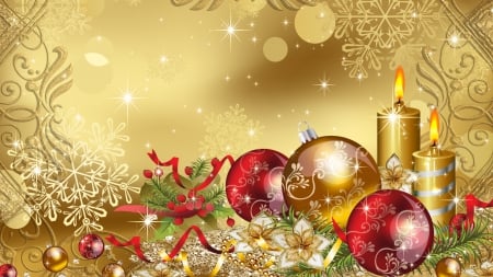 Golden Christmas - christmas, abstract, ornaments, candle, 3D and CG, gold, sparkles