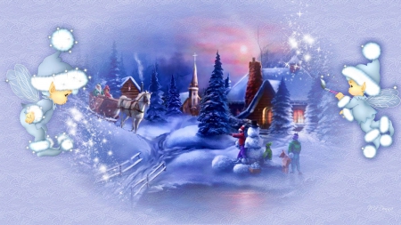 Christmas Time - village, horse, artwork, snow, angels, winter