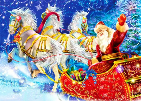 Santa's Sleighride - christmas, sleigh, horses, artwork, xmas