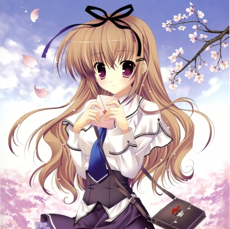 ♡ Letter ♡ - pretty, anime, kawaii, female, blossom, dress, love letter, long hair, hd, nice, anime girl, girl, letter, lovely, brown hair, sweet, flower, petals, cg, blouse, cute, adorable