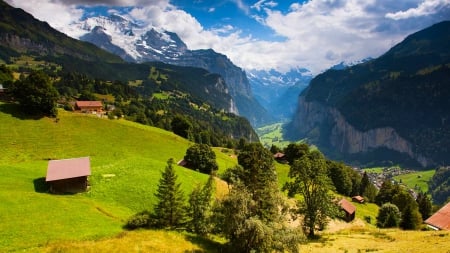 Alpine Beauty - valley, houses, trees, snowy peaks, meadows, mountains, village, forest, beautiful, clouds, cliffs