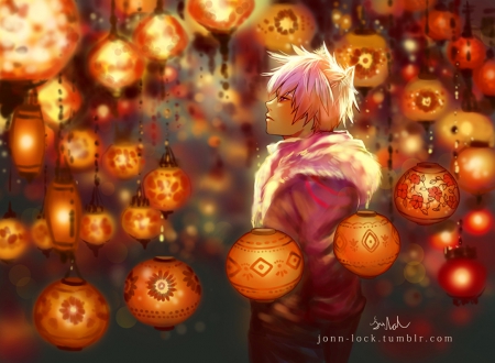 Warm lanterns - boy, fantasy, art, lanterns