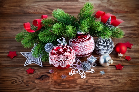 Xmas - balls, wood, fir tree, merry, decoration, christmas