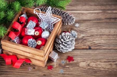 Xmas - christmas, decoration, balls, wood, box, merry