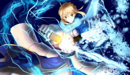 Saber - pretty, saber, anime, magic, female, dress, blonde, blond hair, light, armor, blond, nice, anime girl, beautiful, girl, sword, blonde hair, beauty, lovely, sweet, knight, glow, glowing, sinister, fate stay night