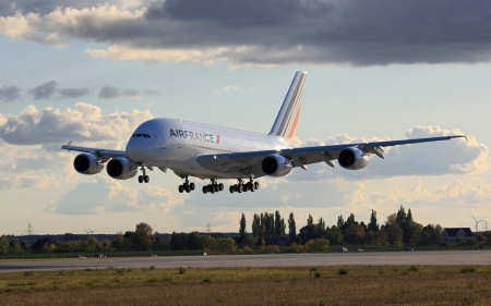 Airbus A380 - cloud, landing, airfrance, a380, clouds, airliner, aircraft, airbus