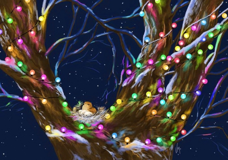 Colorful Christmas - lights, pretty, winter, bird, beautiful, christmas, art, nest, holiday, tree, colorful