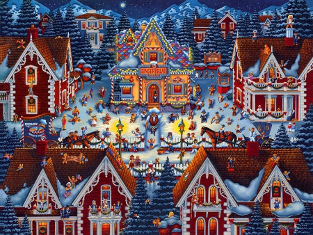 Gingerbread house - fun, people, joy, colorful, art, gingerbread, evening, holiday, house, craciun, houses, winter, christmas, village, beautiful, snow, city, eve