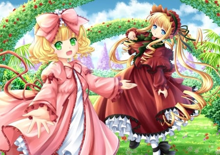 Rozen Maiden - pretty, anime, kawaii, female, dress, blonde, blond hair, long hair, lolita, garden, blond, hd, nice, loli, rozen maiden, gown, anime girl, hina ichigo, girl, blonde hair, lovely, sweet, cg, shinku, cute, adorable