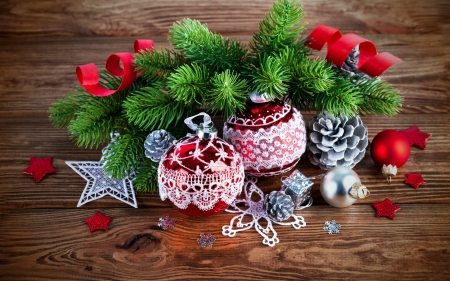 Christmas decorations - christmas, star, balls, red, decorations, leaves