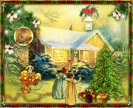 Christmas Cottage - children, christmas tree, gifts, decolration, artwork