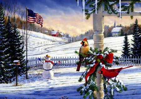 Countryside Christmas - house, snowman, birds, decoration, artwork, snow, firs, cardinals, barn