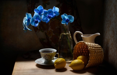 Still life - flowers, tea, still life, lemon