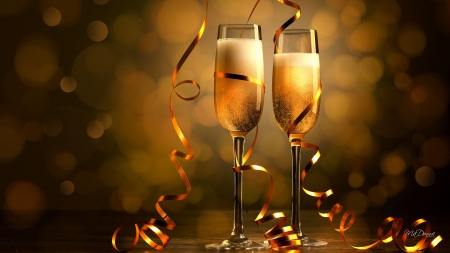 Champagne For Two - celebrate, bokeh, tinsel, wine, garland, gold, celebration, anniversary, new years