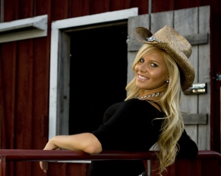 Blonde Cowgirl - barn, cowgirl, country, hat