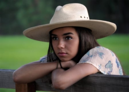 Day Dreaming - hat, cowgirl, fence, country