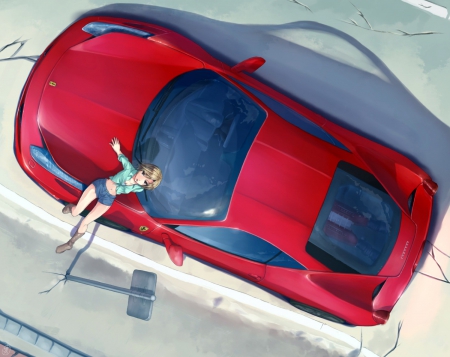 Anime girl - anime, car, red, girl, ferrari