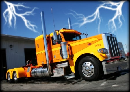 White Lighting - yellow, semi, truck, big rig