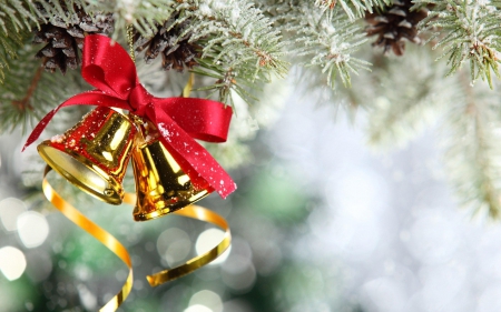 Christmas Bells - red, yule, pine, bells, ribbon, gold, christmas