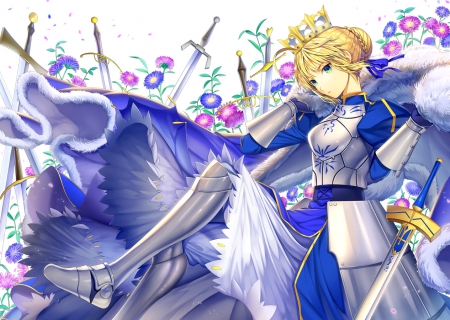 King of Knight - nice, saber, beauty, female, tiara, knight, blond, crown, anime girl, blade, armor, blond hair, pretty, blonde hair, anime, excalibur, pendragon, sword, girl, arturia pendragon, royalty, king, lovely, fate stay night, arturia, floral, beautiful, blossom, sweet, dress, blonde, flower